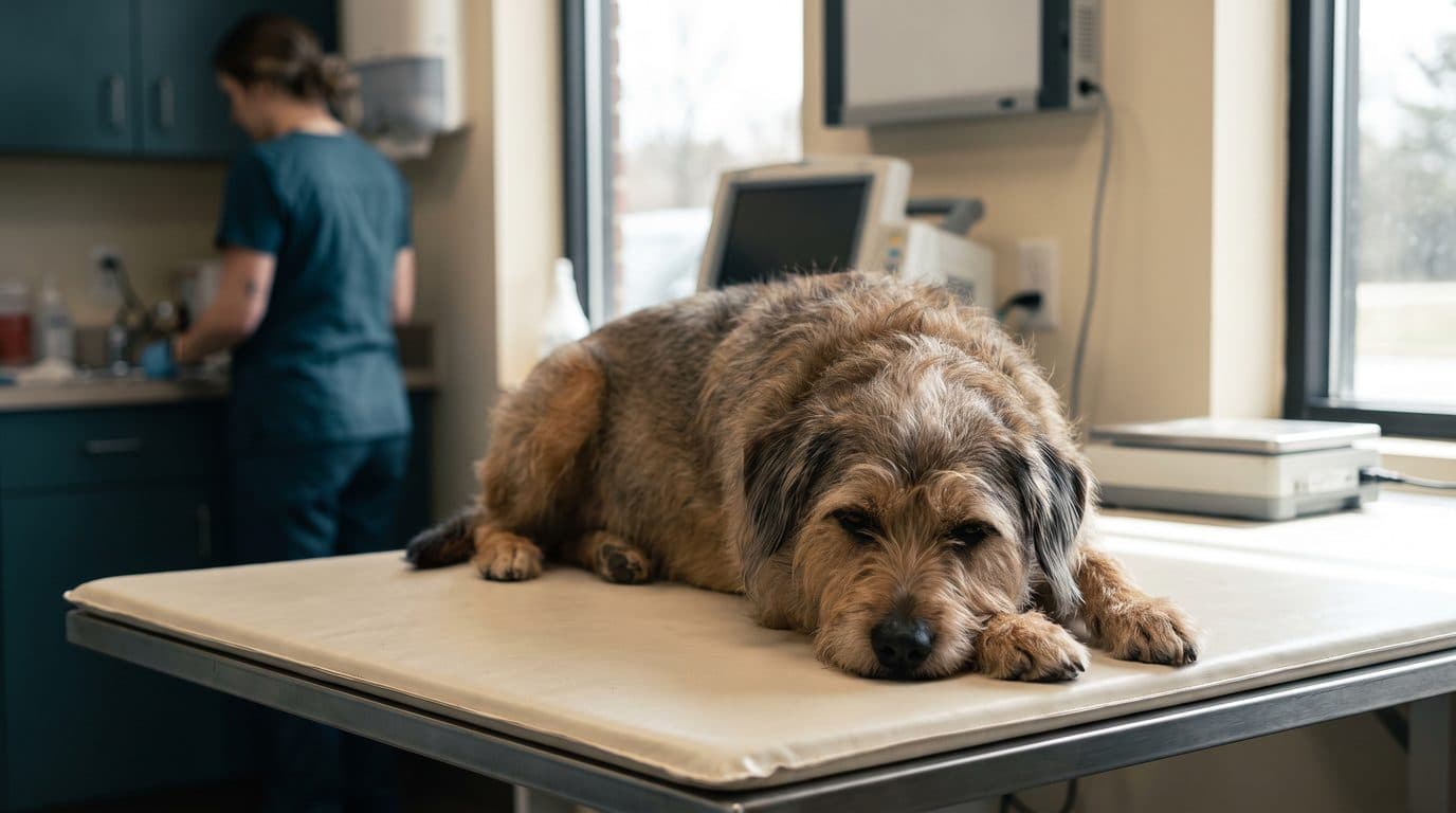A mid-size dog resting on a veterinary examination mat.