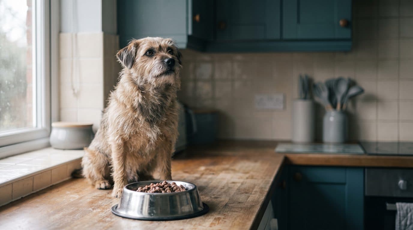 A bowl of food on a kitchen counter with a dog waiting beside it.