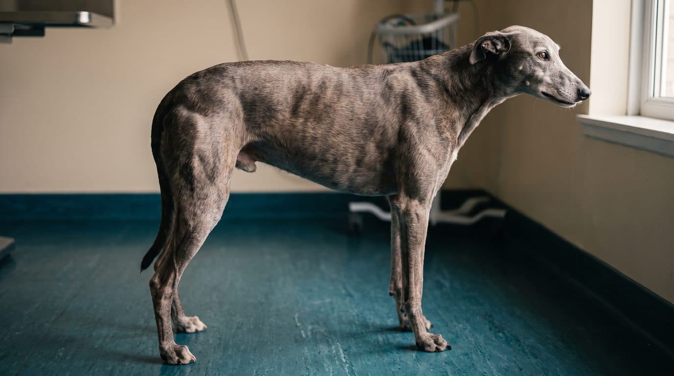 An older large-breed dog standing in profile on a clinic floor.