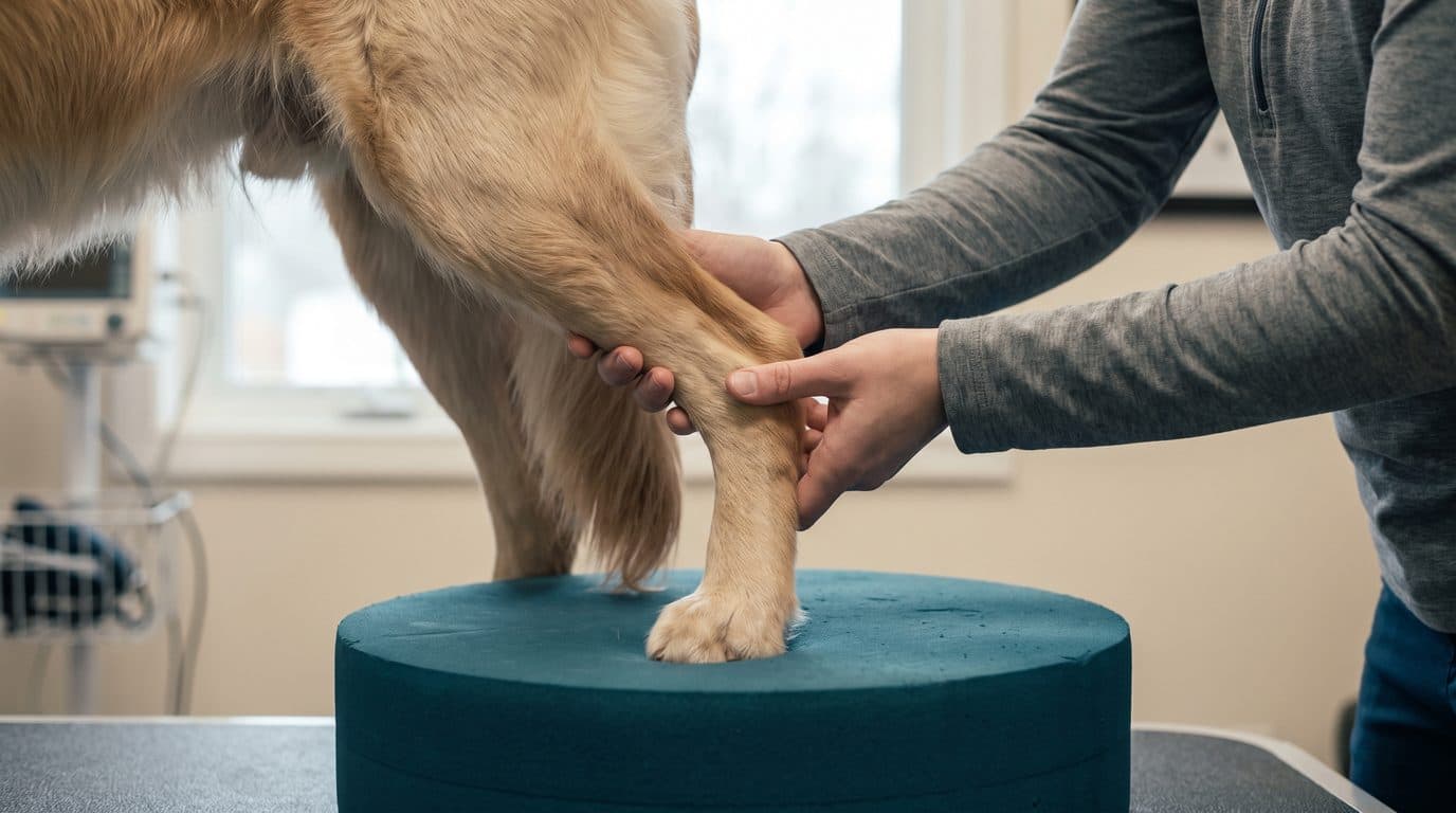 A dog's hind leg supported on a rehabilitation balance pad.