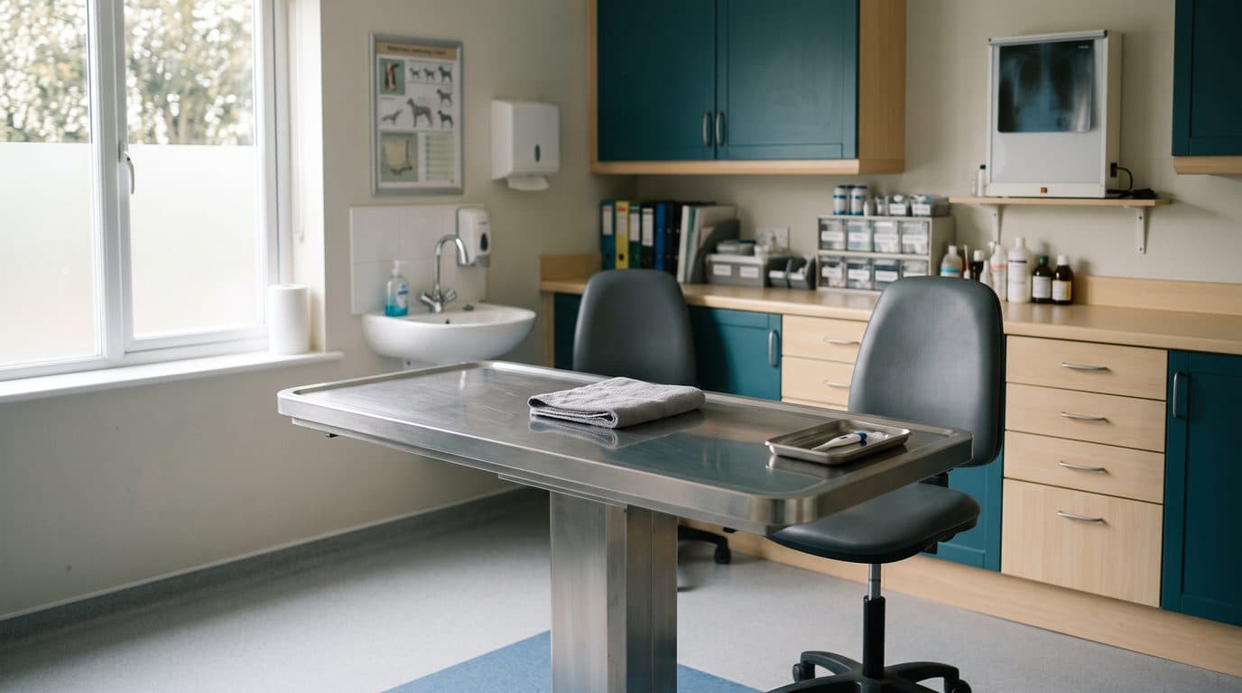 An empty veterinary consulting room.