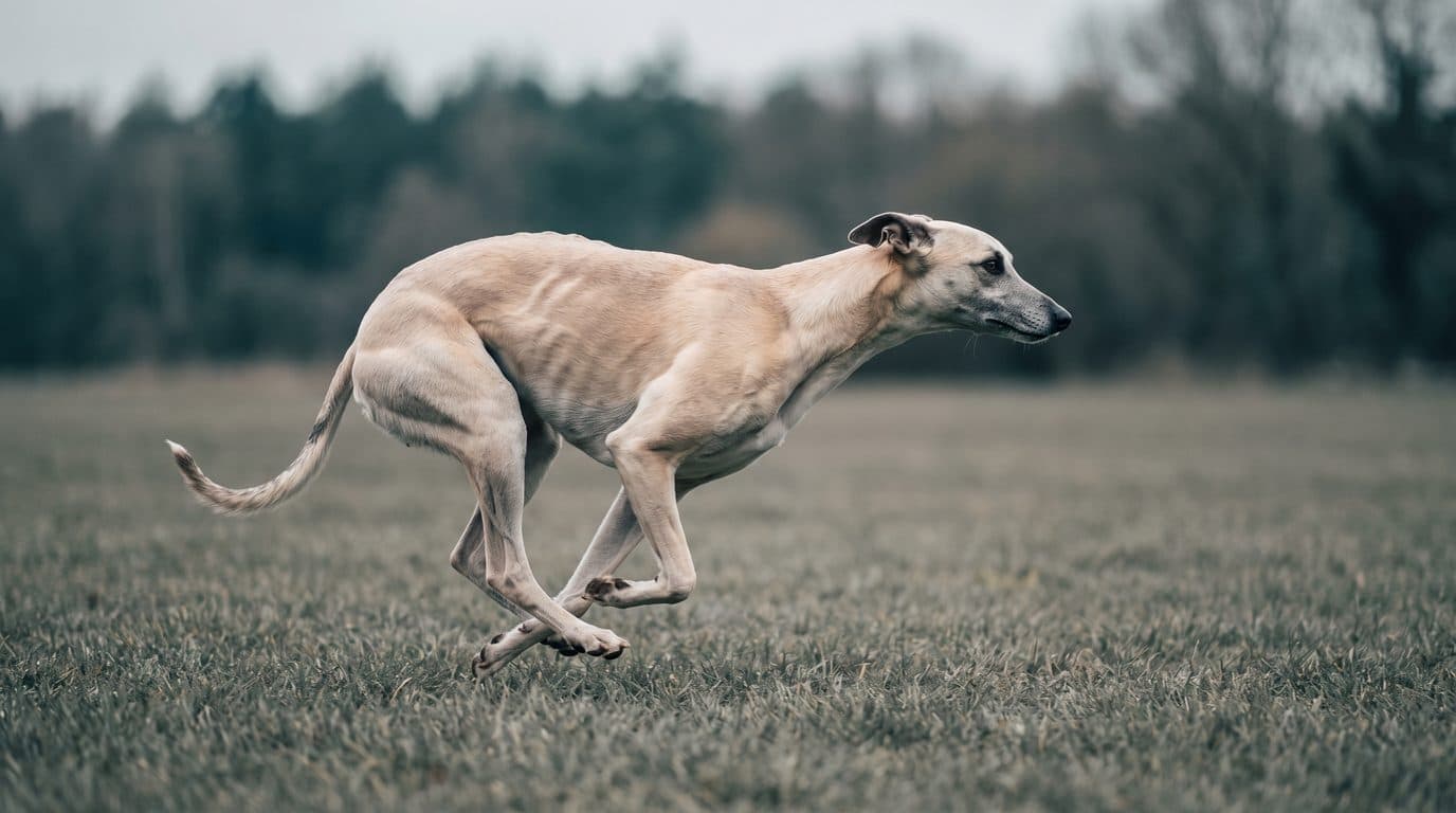 A dog running at speed across short grass.