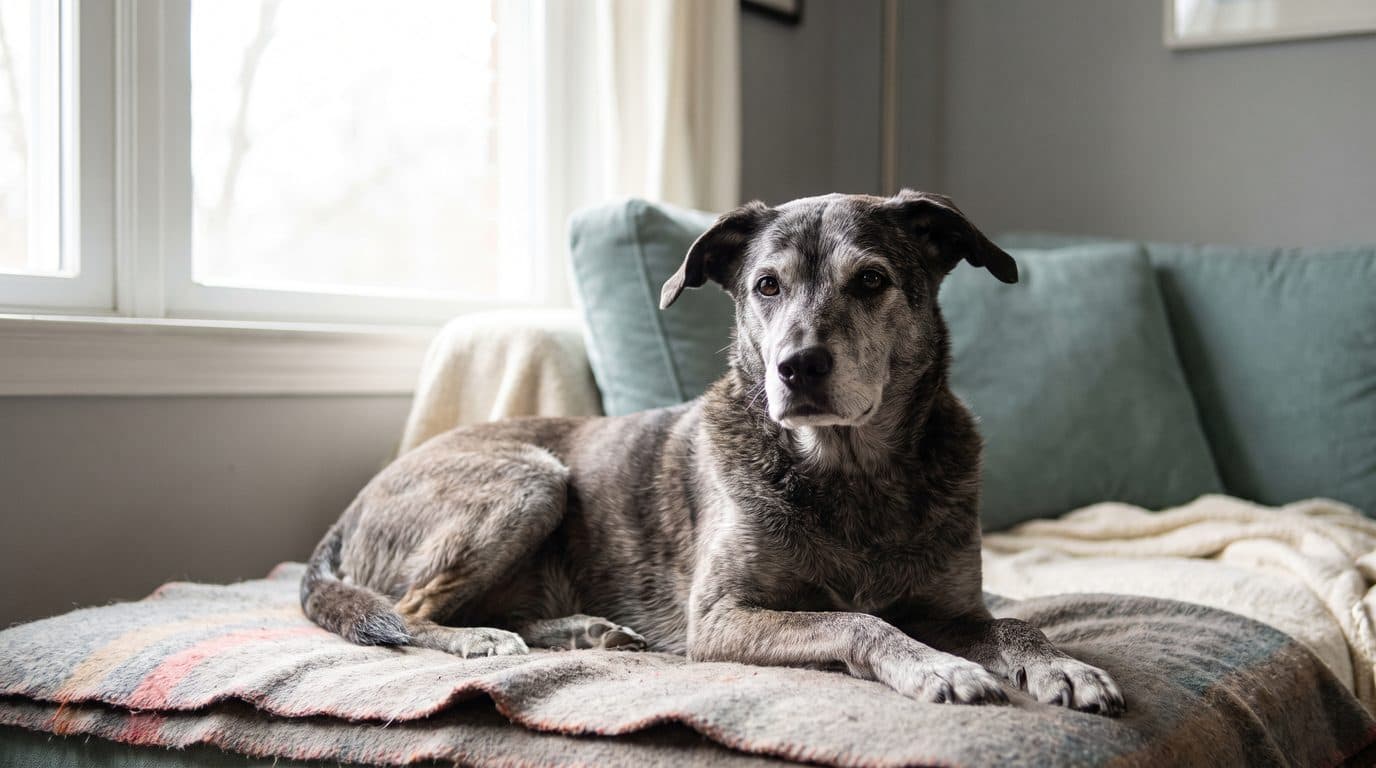 A senior dog with a greying muzzle resting indoors.