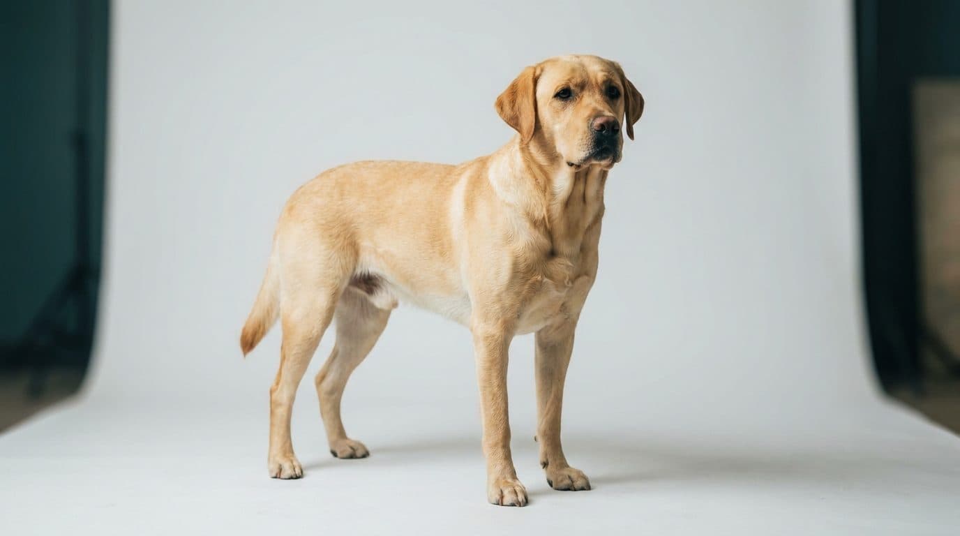 A healthy adult Labrador Retriever standing in a studio setting
