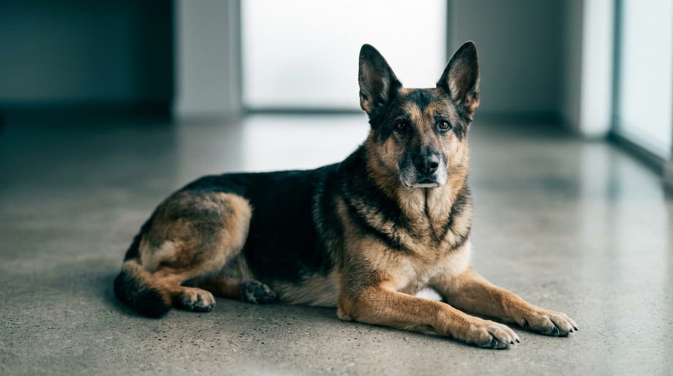 A senior German Shepherd resting calmly