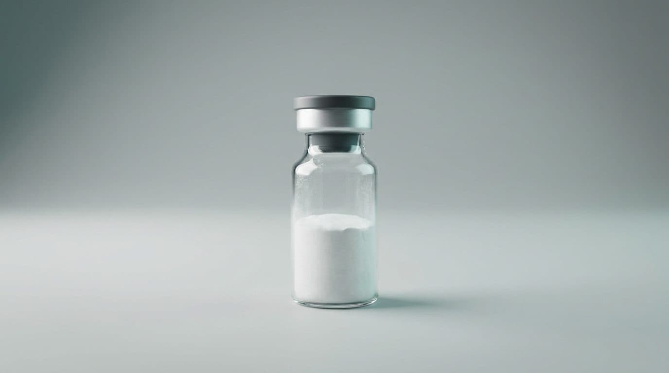 A sealed glass vial containing lyophilised peptide powder